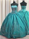 Turquoise Satin Flat Quinceanera and Her Court Dress With Silver Embroidery
