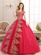 Coral Red Tulle Lady Prom Ball Gown With Vogue Golden Pineapple Applique
