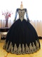 See Through Scoop Long Sleeves Black Quinceanera Gowns Attire Gold Pineapple Pattern