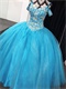 Spaghetti Straps Off Shoulder Beaded V-Shaped Basque Sparkle Tulle Azure Quince Gowns
