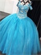 Spaghetti Straps Off Shoulder Beaded V-Shaped Basque Sparkle Tulle Azure Quince Gowns