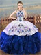 Sheer Scoop White Satin Embroidery Blouse/Overlay Royal Blue Ruffles Western Ball Gown
