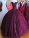 Off Shoulder Sweetheart Puffy Burgundy Tulle Quinceanera Cake Ball Gown With Applique