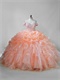 Dual Straps Bluging and Ruffles Puffy Skirt Peach Organza Teenage Quinceanera Ball Gown