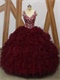 Silver Embroidery Blouse Dense Ruffles Burgundy Quince Gowns Heart-Shaped Cut Out Back