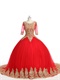 See Through Scoop Half Sleeves Gold Applique Red Mesh Quince Ball Gown Chapel Train