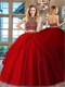 Two Pieces High Collar Rhombus Beadwork Blouse Pick-up Overlay Red Quince Court Dress