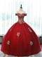 Off Shoulder Basque Corset Red Tulle Puffy Skirt Horsehair Hemline Ceremony Ball Gown