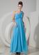 One Shoulder Rosette Strap Aqua Blue Chiffon Latest Prom Dress