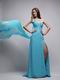 Watteau Aqua Dress With One Shoulder Skirt For Evening