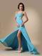 Spaghetti Straps Cross Back Side Split Aqua Woman In Prom Dress