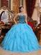 Pretty Aqua Cascade Skirt Embroidered Quinceanera Dress