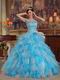 Aqua And White Interphase Ruffles Dama Quinceanera Dress