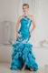 One Shoulder Appliques High Low Mermaid Blue Evening Dress