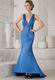 Halter V Neckline Backless Mermaid Sweep Train Blue Prom Dress