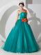 Cheap One Shoulder Teal Prom Dress With Flower Decorate