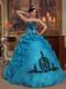 Sweetheart Neckline Teal Quinceanera Dress With Black Applique