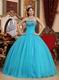 Beaded Strapless Aqua Blue Quinceanera Gown Tulle Fabric