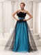 Sky Blue Pageant Prom Dress Covered With Black Tulle and Feather