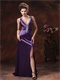 Deep V-neck Colorful Crystals Show Leg Slit Purple Evening Dress Cross Back