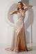 Halter Champagne Evening Gown With Side Split Skirt