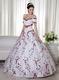 Short Sleeves White Quinceanera Dress With Wine Red Leaves