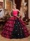 Cerise And Black Layers Skirt Trimed Dress To 2014 Quinceanera