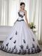 One Shoulder White Quince Dress With Black Leaves Decorate