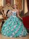 Turquoise And Porcelain Printed Cascade Quinceanera Dress