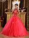 Coral Red Quinceanera Dress Design With Appliqued Halter Ball Gown