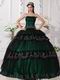 Dark Green Quinceanera Dress Covered With Black Tulle