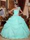 One Shoulder Aqua Blue Organza Puffy Quinceanera Dress