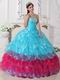 Aqua Blue and Deep Pink Cascade Skirt Quinceanera Dress