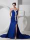 Royal Blue Prom Dress Off-White Appliques With High Leg Side Split