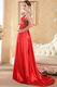 V Neckline Panel Train Red Prom Dresses With Beading