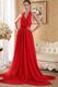 Halter Floor Length Red Chiffon Prom Dress With Handmade Flowers