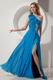 Unique One Shoulder Neck Blue Prom Dresses With A-line Split Skirt