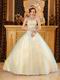 Yellow Quinceanera Girls Dress Covered With Blue Tulle