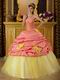 Watermelon Quinceanera Dress With Hand Made Yellow Flower