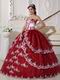 Strapless Wine Red Puffy Quinceanera Gown With Lace Decorate