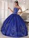 Inexpensive Royal Blue Strapless Embroidered Quinceanera Dress