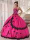 Strapless Fuchsia Sweet 16 Quinceanera Gown With Black Applique