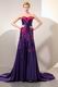 Purple Blue Evening Dresss With Red Handmade Flowers