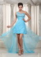 Top High-low Prom Dress With One Shoulder Aqua Blue Chiffon Skirt Night Club