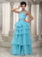 Beaded Aqua Blue Evening Dress With Halter Layers Skirt Night Club