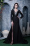 Deep V Black Chiffon Beaded Emberllish Long Sleeves Evening Dress Night Club