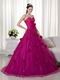 Fuchsia A-line Trimed Puffy Prom Gowns With Hand Made Flowers