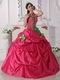 Beaded Deep Pink Quinceanera Gown With Spring Green Hand Made Flowers