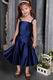 Navy Blue A-line Straps Tea-length Satin Bow Flower Girl Dress