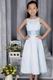 Light Blue Satin A-line Scoop Tea-length Flower Girl Dress With Belt